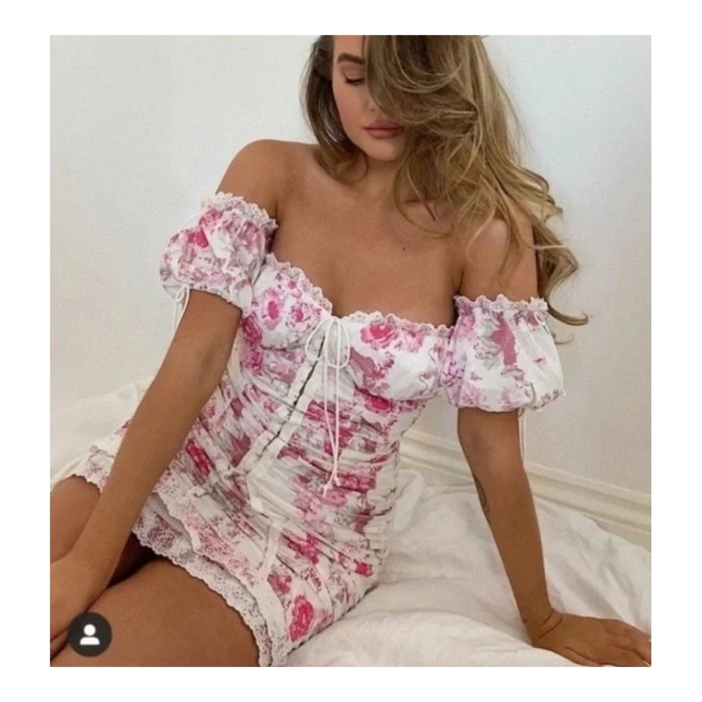 NWT 🍋 For Love and Lemons 🍋 Pink Floral Corset Ruched Mini Dress Large